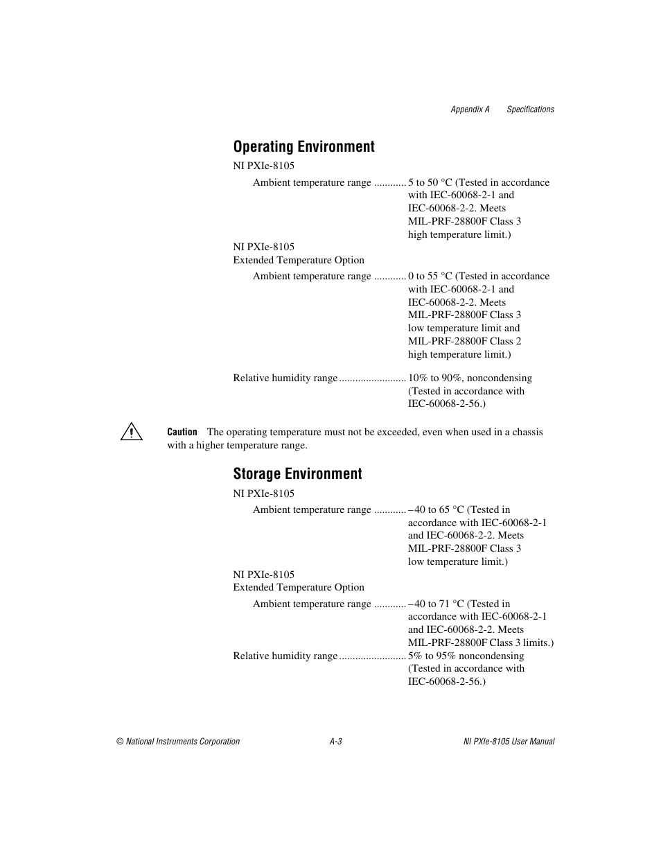 Operating environment, Storage environment | National Instruments NI PXIe-8105 User Manual | Page 60 / 76