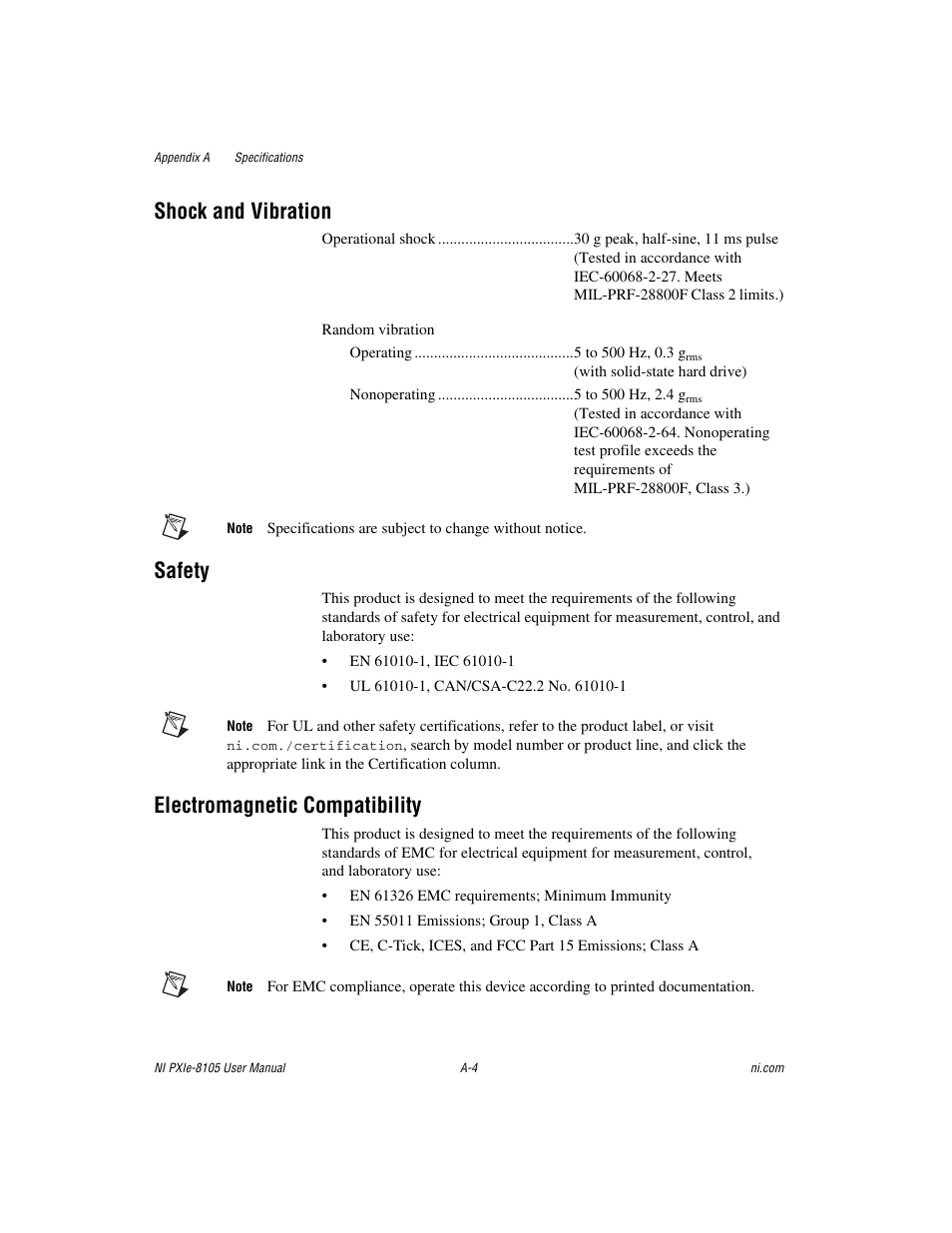 Shock and vibration, Safety, Electromagnetic compatibility | National Instruments NI PXIe-8105 User Manual | Page 61 / 76