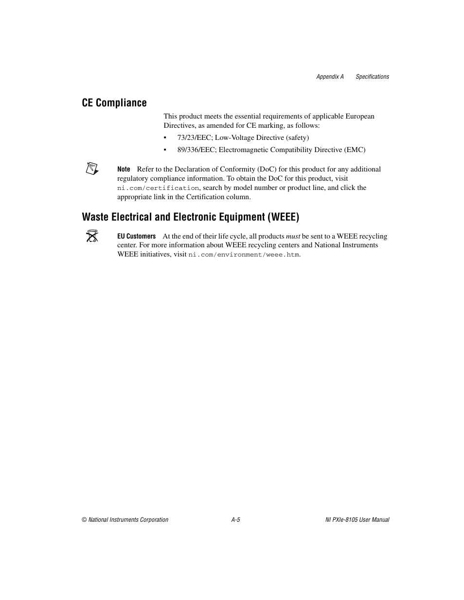 Ce compliance, Waste electrical and electronic equipment (weee) | National Instruments NI PXIe-8105 User Manual | Page 62 / 76