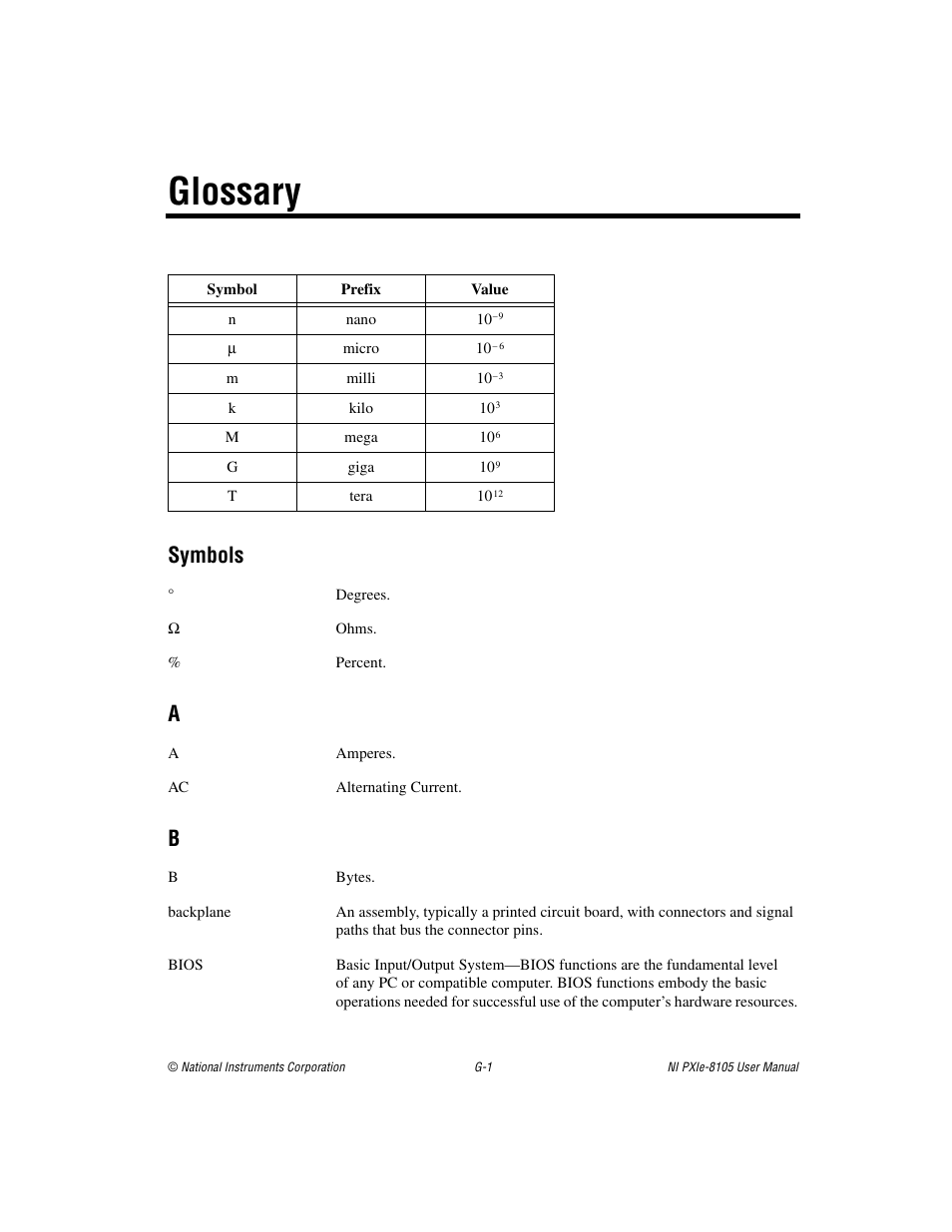 Glossary, Symbols | National Instruments NI PXIe-8105 User Manual | Page 65 / 76