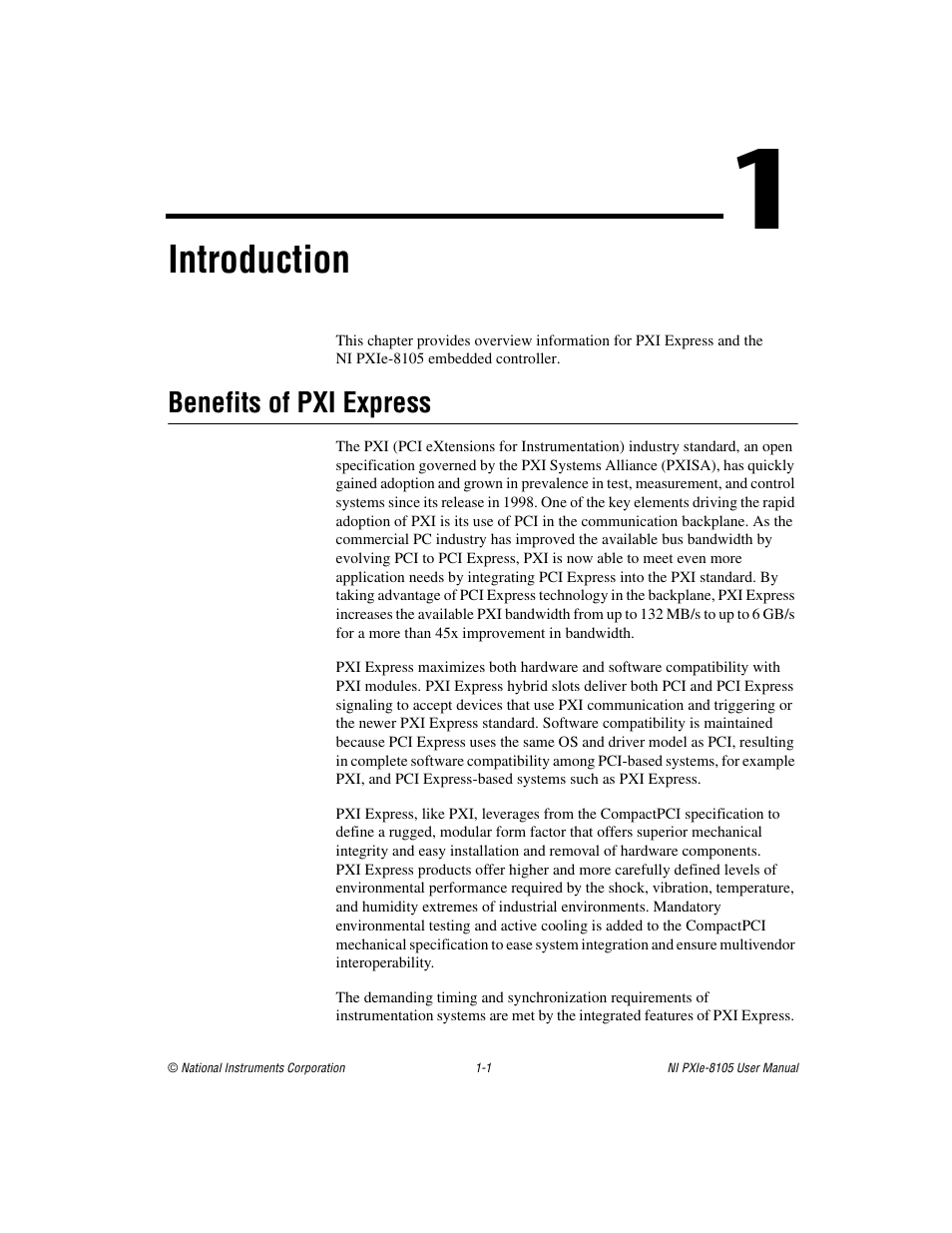 Chapter 1 introduction, Benefits of pxi express, Benefits of pxi express -1 | Introduction | National Instruments NI PXIe-8105 User Manual | Page 9 / 76