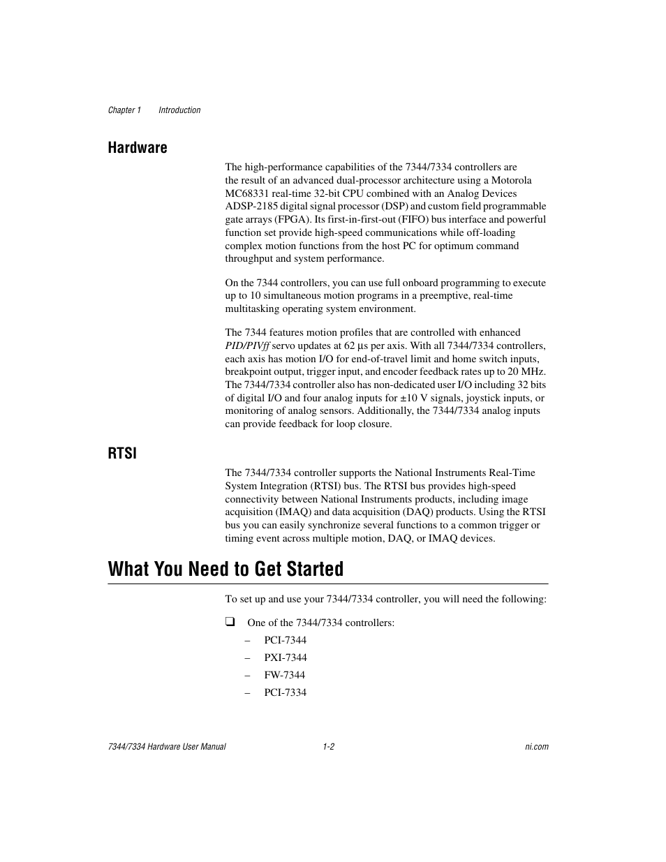 Hardware, Rtsi, What you need to get started | Hardware -2 rtsi -2, What you need to get started -2 | National Instruments 7334 User Manual | Page 10 / 66