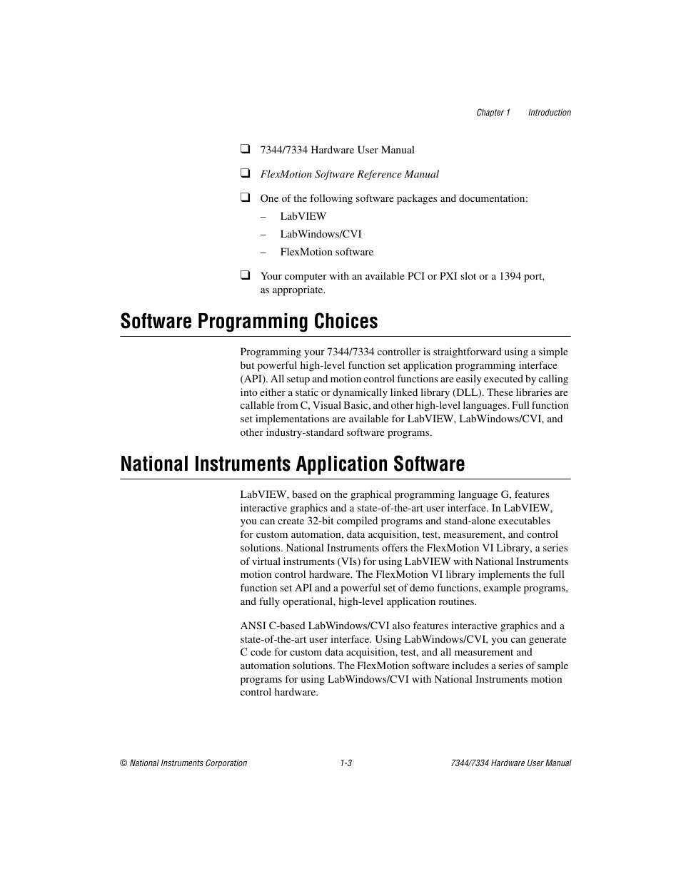 Software programming choices, National instruments application software | National Instruments 7334 User Manual | Page 11 / 66