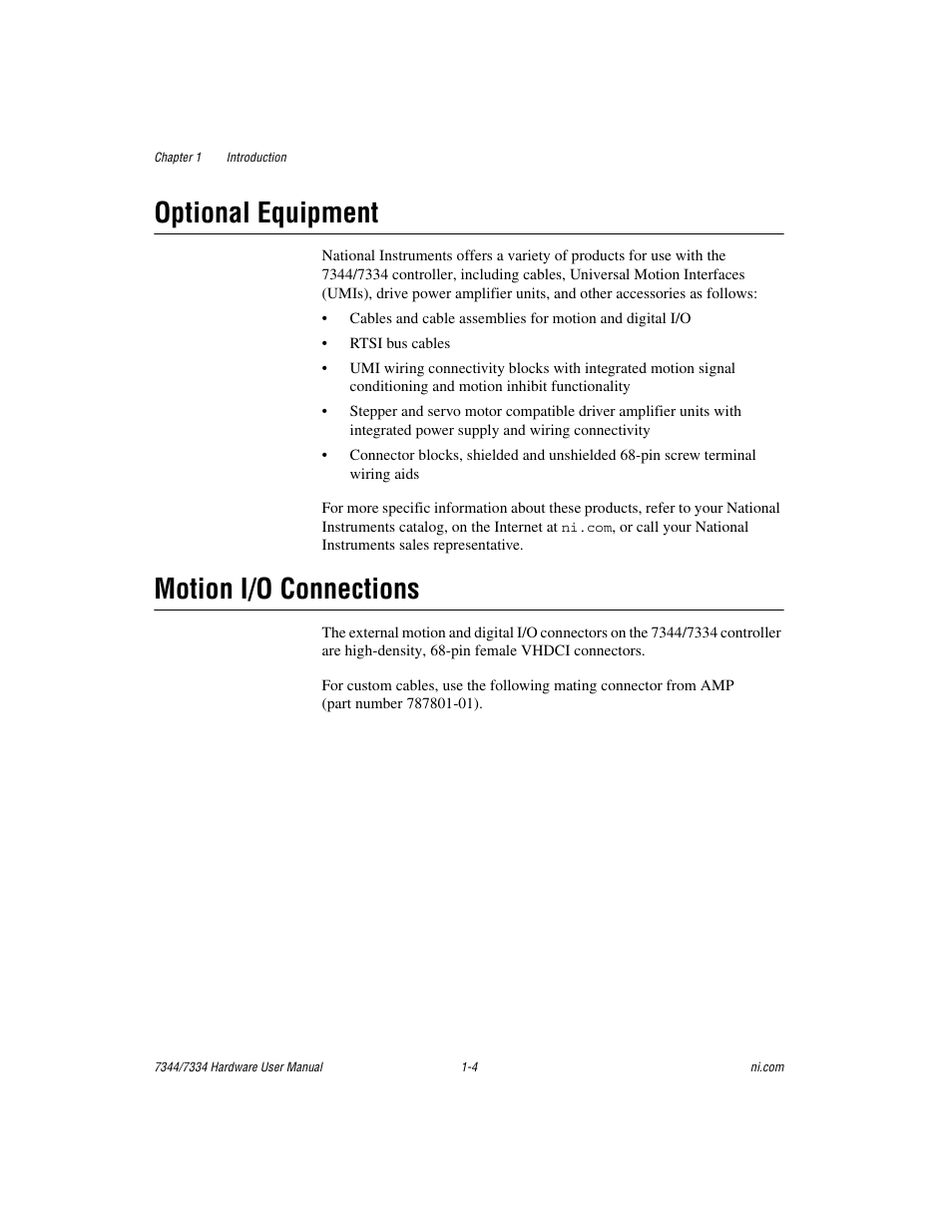 Optional equipment, Motion i/o connections, Optional equipment -4 motion i/o connections -4 | National Instruments 7334 User Manual | Page 12 / 66