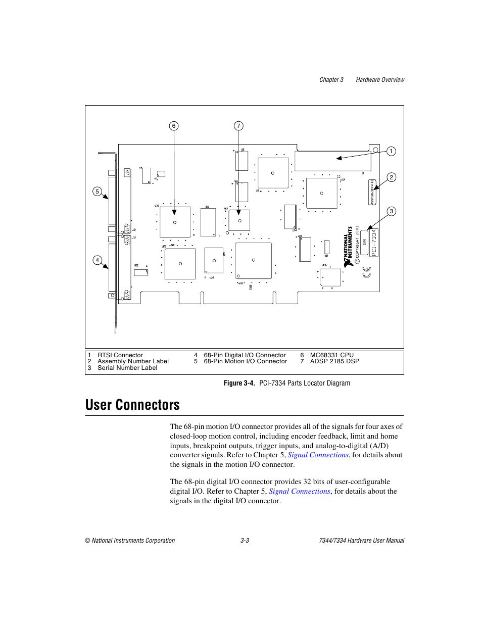 User connectors, Figure 3-4. pci-7334 parts locator diagram, User connectors -3 | Figure 3-4, Pci-7334 parts locator diagram -3 | National Instruments 7334 User Manual | Page 18 / 66