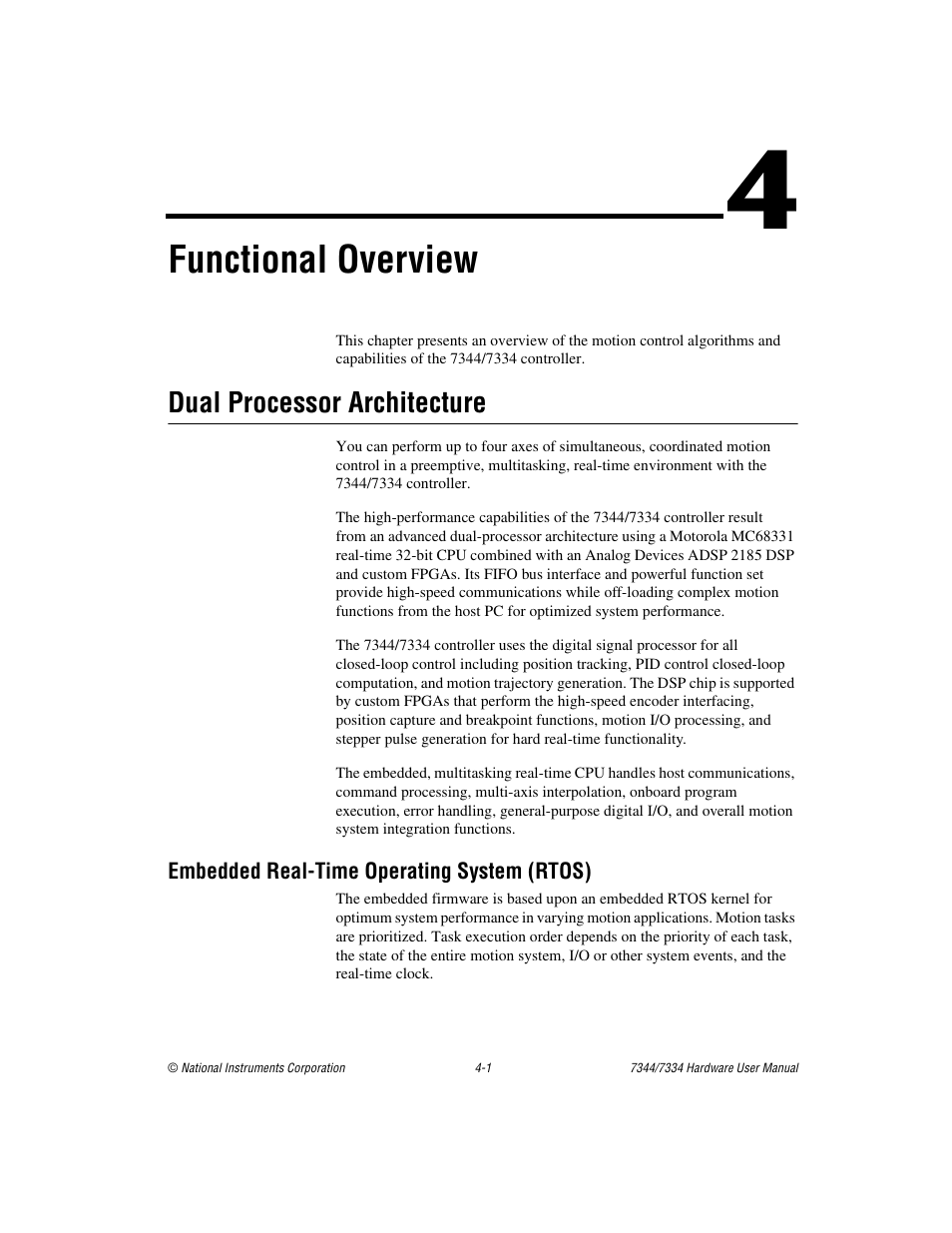 Chapter 4 functional overview, Dual processor architecture, Embedded real-time operating system (rtos) | Dual processor architecture -1, Embedded real-time operating system (rtos) -1, Functional overview | National Instruments 7334 User Manual | Page 20 / 66