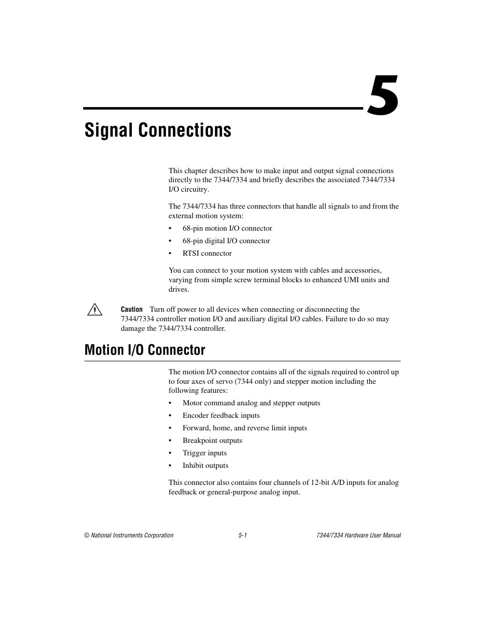 Chapter 5 signal connections, Motion i/o connector, Motion i/o connector -1 | Apter 5, Signal connections | National Instruments 7334 User Manual | Page 26 / 66