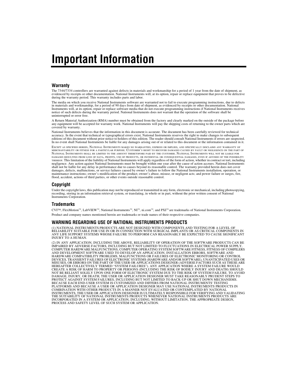 Important information, Warranty, Copyright | Trademarks | National Instruments 7334 User Manual | Page 3 / 66