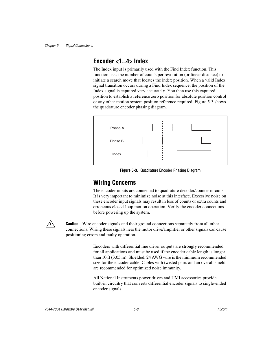 Encoder <1 > index, Wiring concerns, Figure 5-3. quadrature encoder phasing diagram | Encoder <1 > index -8 wiring concerns -8, Figure 5-3, Quadrature encoder phasing diagram -8 | National Instruments 7334 User Manual | Page 33 / 66