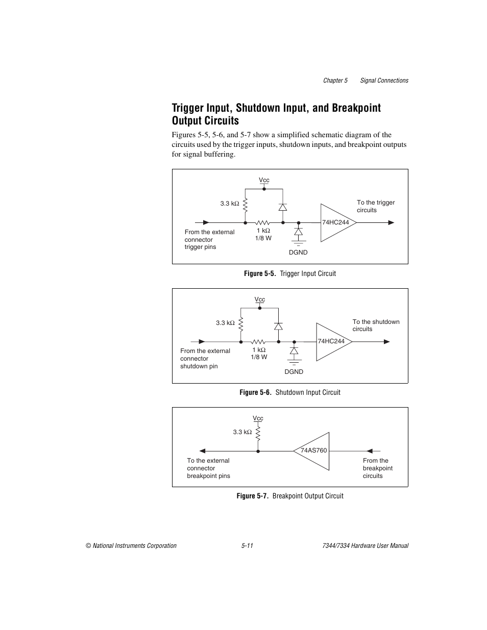 Figure 5-5. trigger input circuit, Figure 5-6. shutdown input circuit, Figure 5-7. breakpoint output circuit | Figure 5-5, Trigger input circuit -11, Figure 5-6, Shutdown input circuit -11, Figure 5-7, Breakpoint output circuit -11 | National Instruments 7334 User Manual | Page 36 / 66