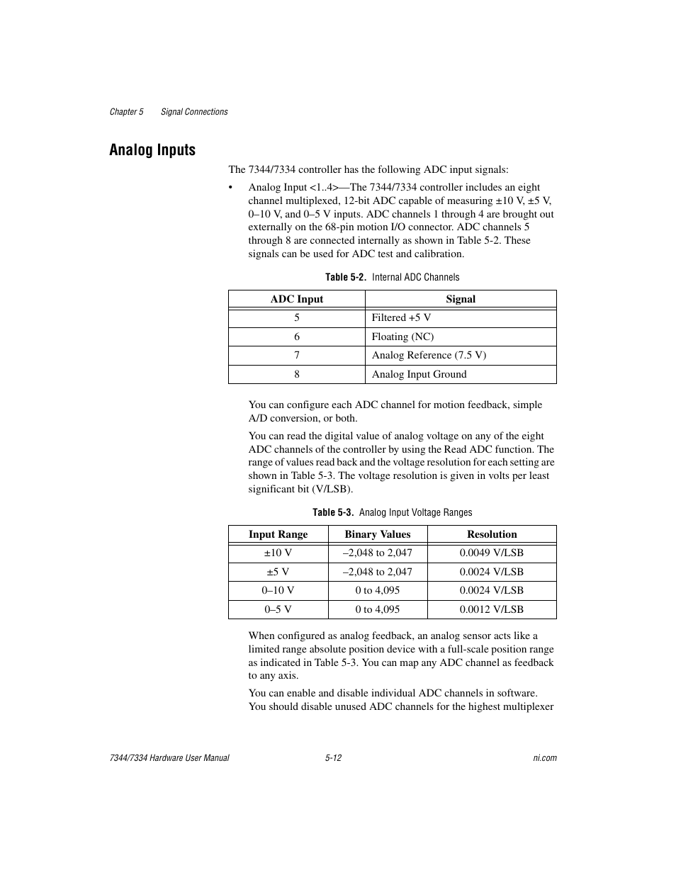 Analog inputs, Table 5-2. internal adc channels, Table 5-3. analog input voltage ranges | Analog inputs -12, Table 5-2, Internal adc channels -12, Table 5-3, Analog input voltage ranges -12 | National Instruments 7334 User Manual | Page 37 / 66