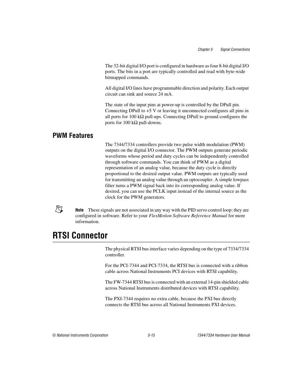 Pwm features, Rtsi connector, Pwm features -15 | Rtsi connector -15 | National Instruments 7334 User Manual | Page 40 / 66