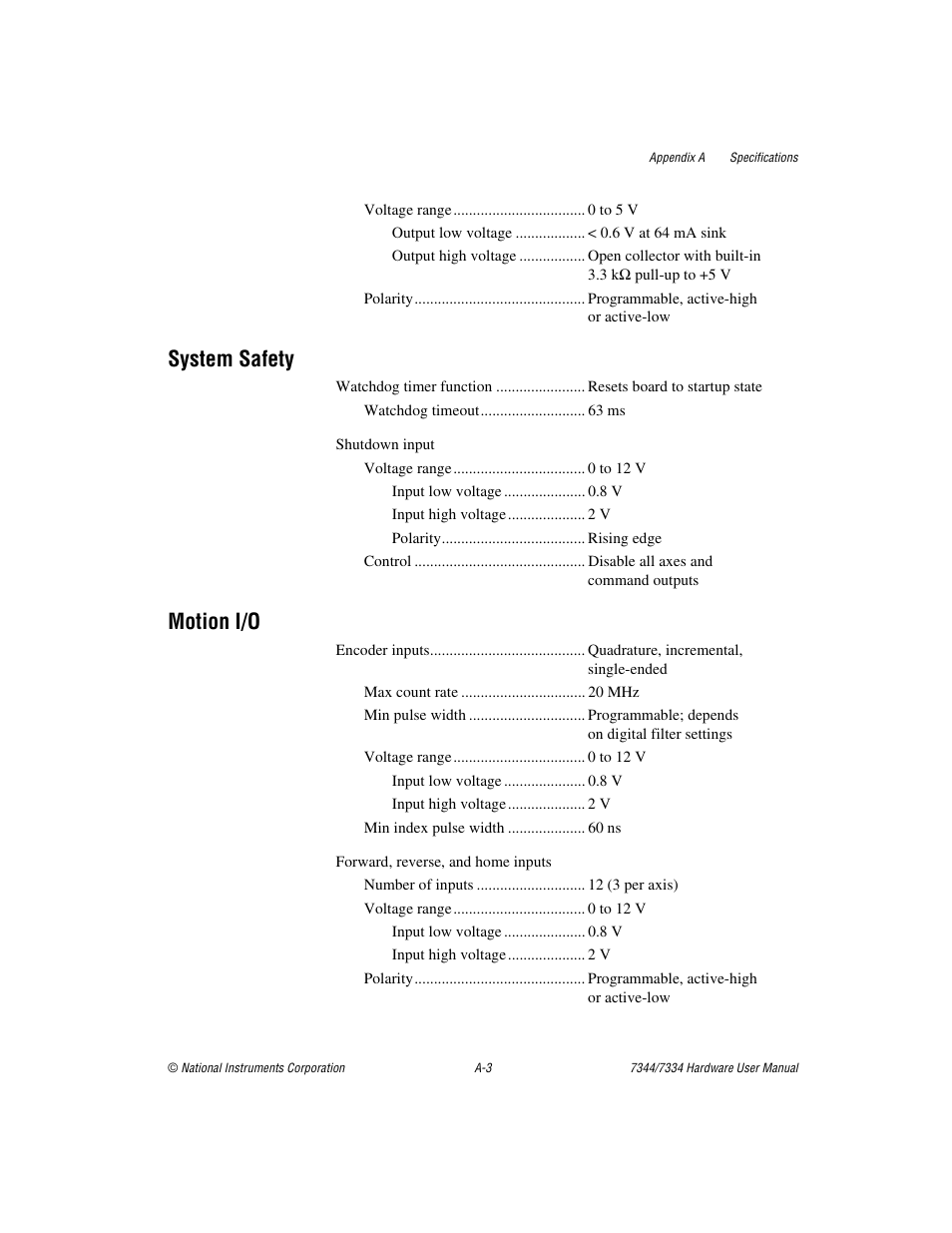 System safety, Motion i/o | National Instruments 7334 User Manual | Page 44 / 66