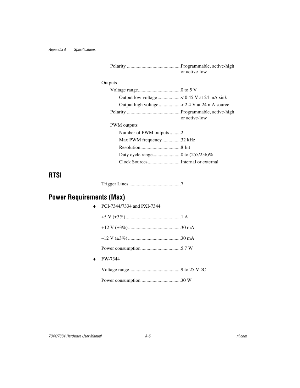 Rtsi, Power requirements (max) | National Instruments 7334 User Manual | Page 47 / 66