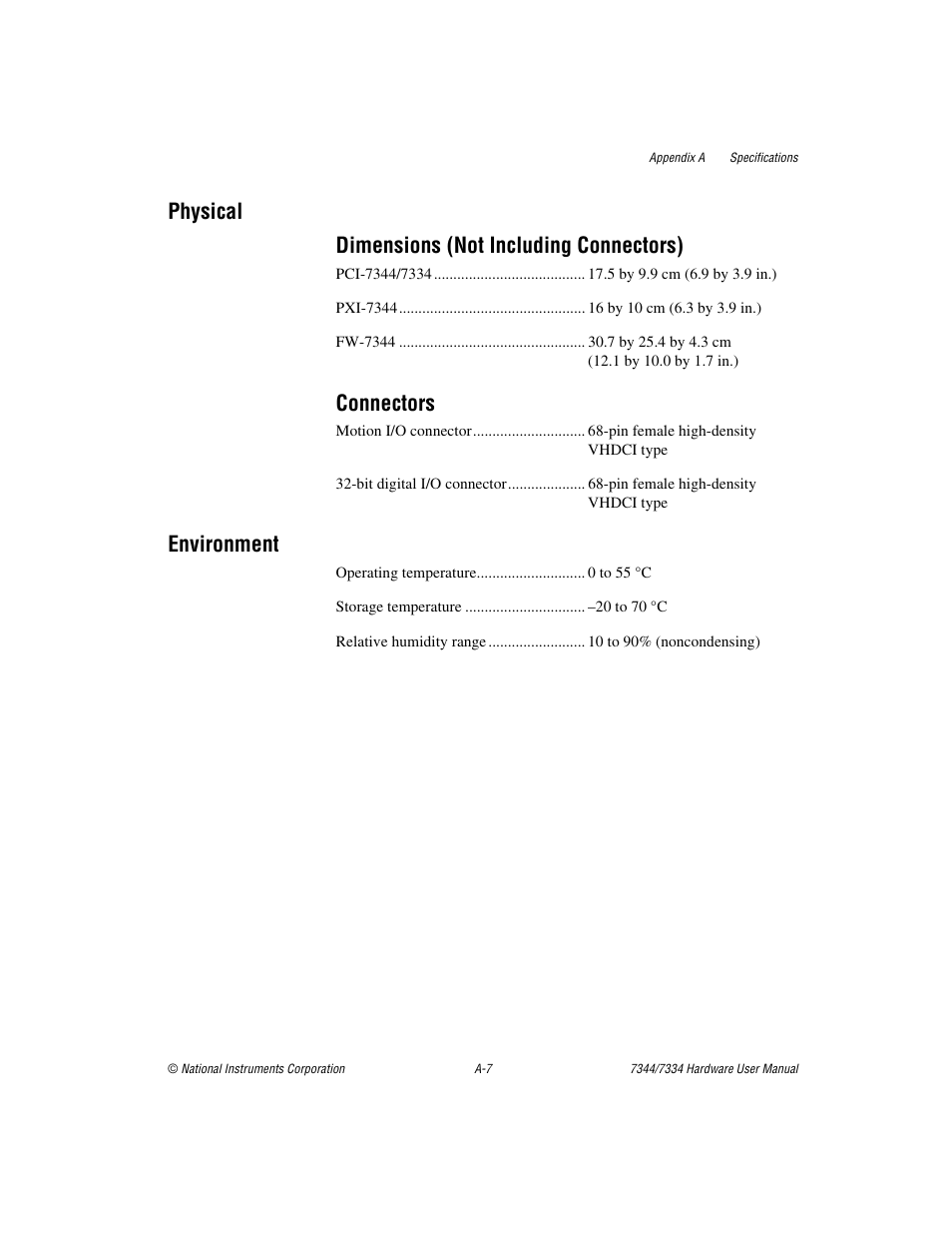 Physical dimensions (not including connectors), Connectors, Environment | National Instruments 7334 User Manual | Page 48 / 66