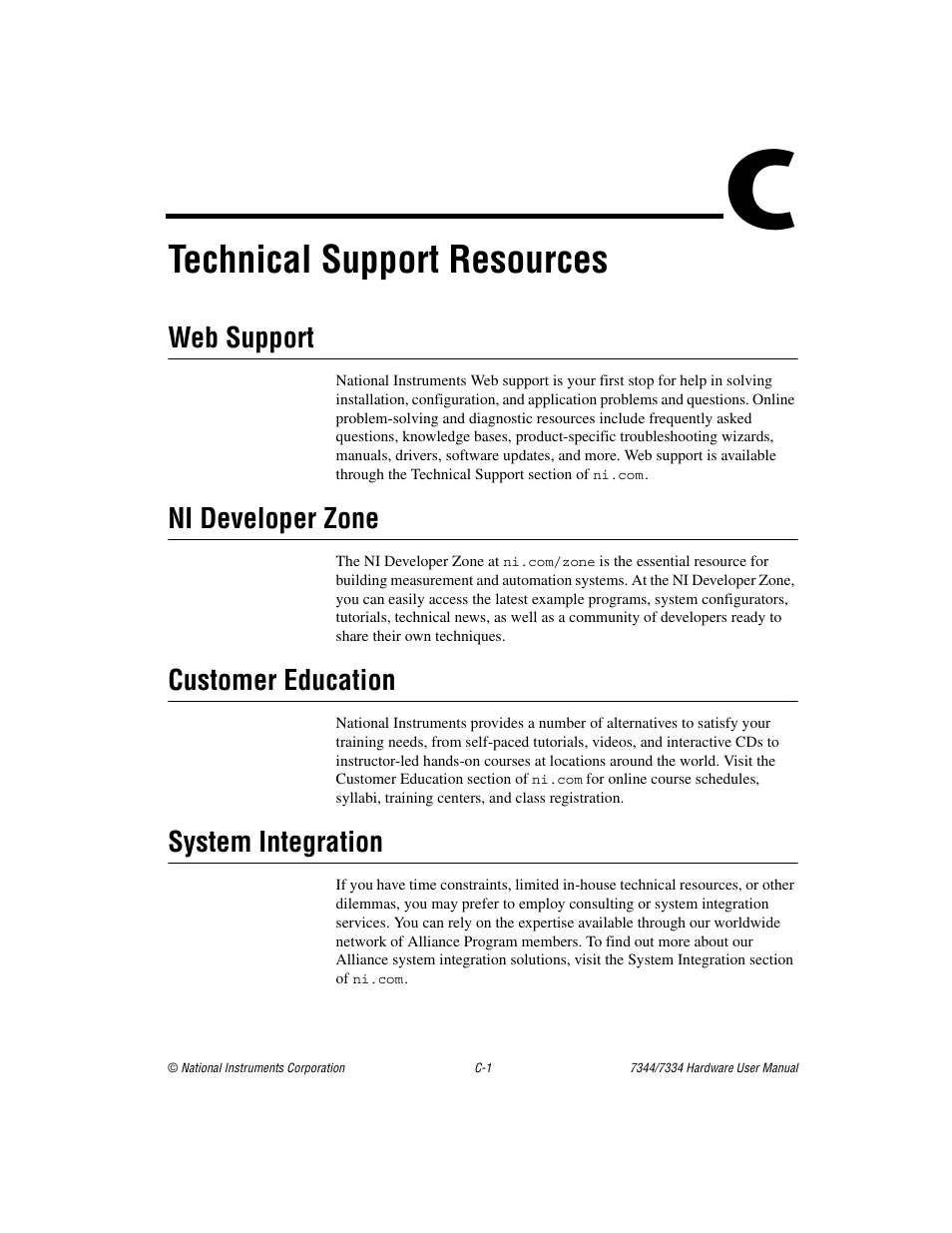 Appendix c technical support resources, Technical support resources, Web support | Ni developer zone, Customer education, System integration | National Instruments 7334 User Manual | Page 51 / 66