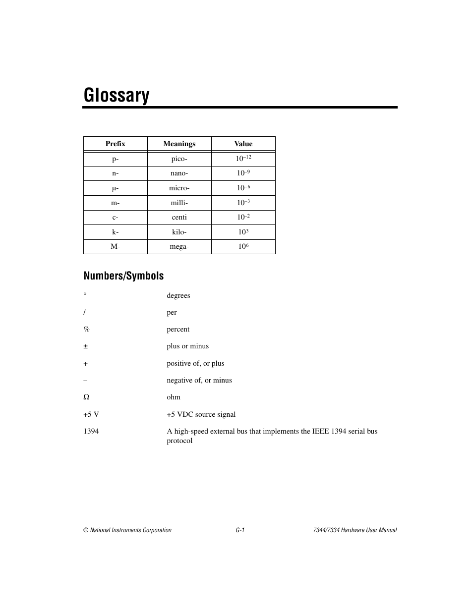 Glossary, Numbers/symbols | National Instruments 7334 User Manual | Page 53 / 66