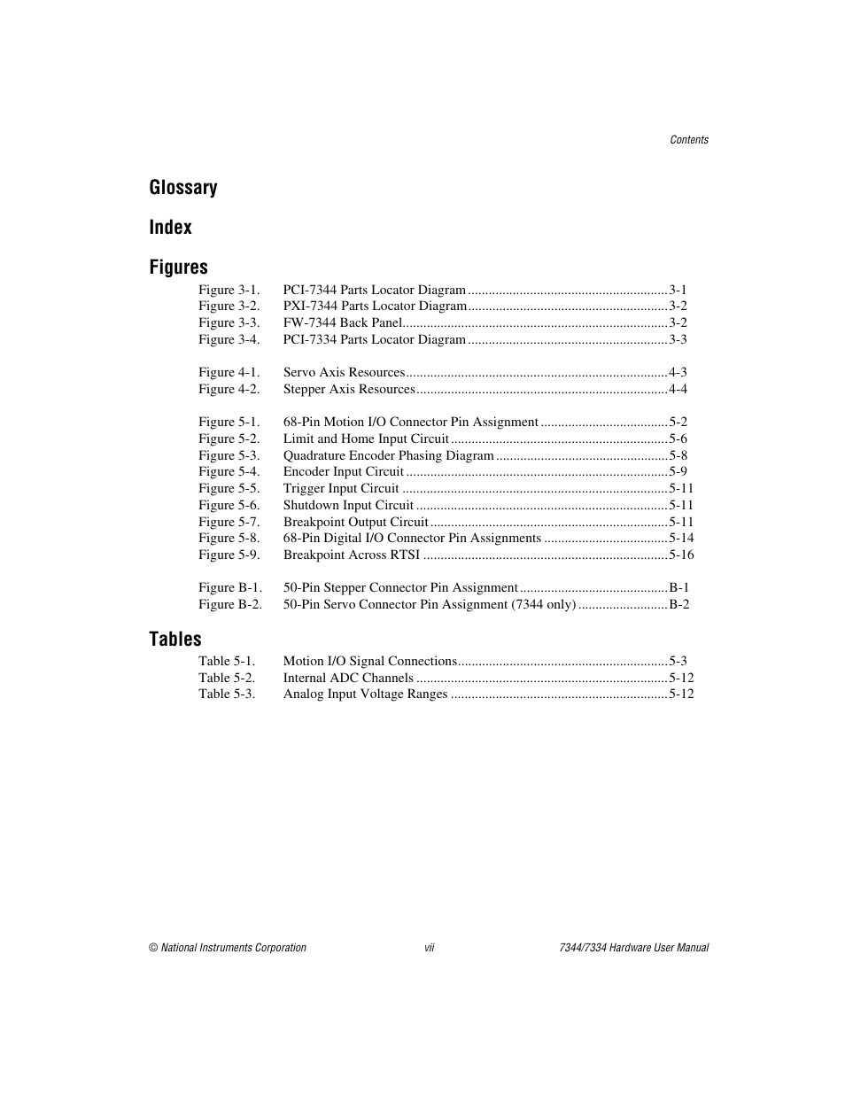 Figures, Tables, Glossary index figures | National Instruments 7334 User Manual | Page 6 / 66