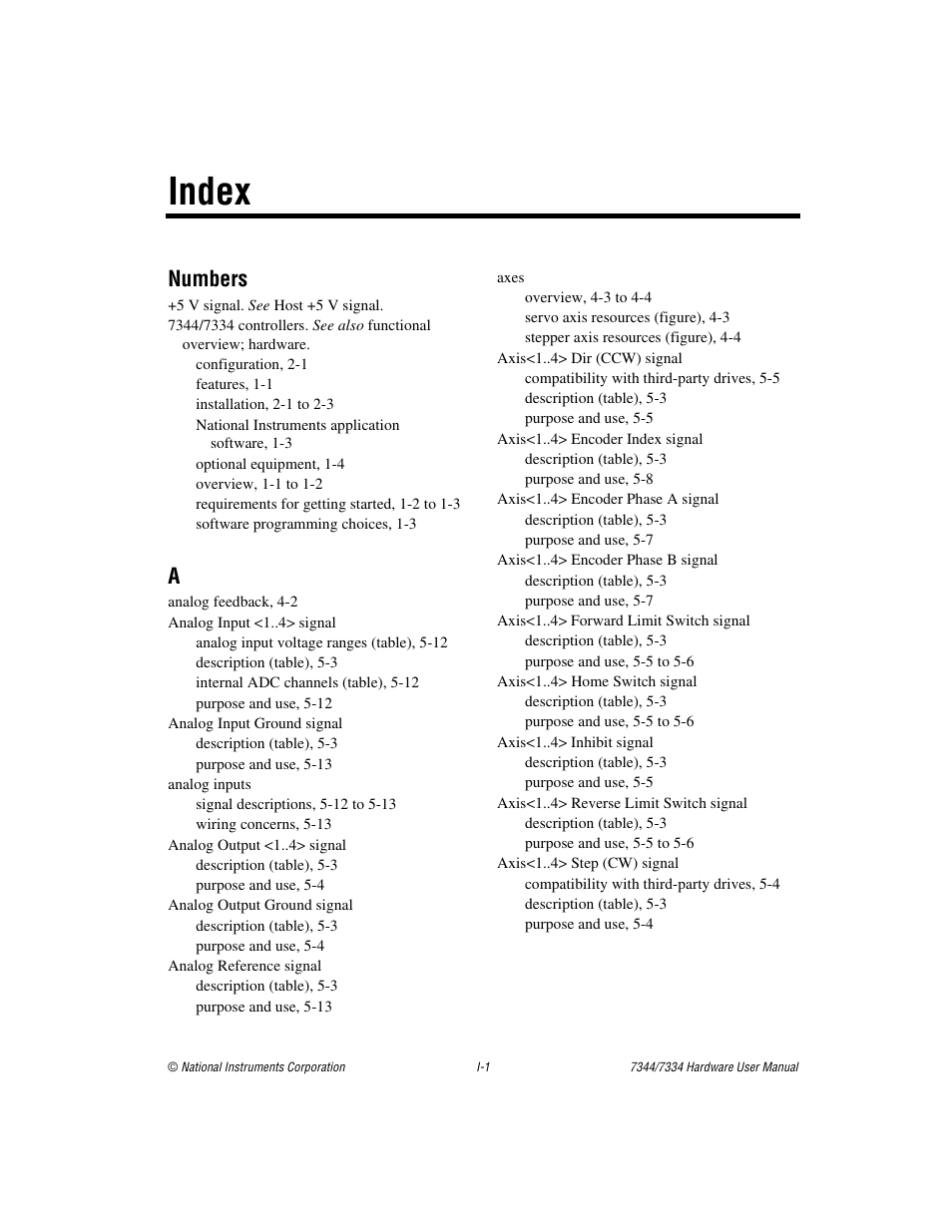 Index, Numbers | National Instruments 7334 User Manual | Page 62 / 66