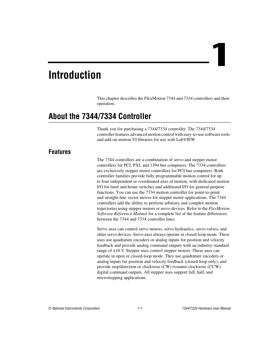 Chapter 1 introduction, About the 7344/7334 controller, Features | About the 7344/7334 controller -1, Features -1, Introduction | National Instruments 7334 User Manual | Page 9 / 66