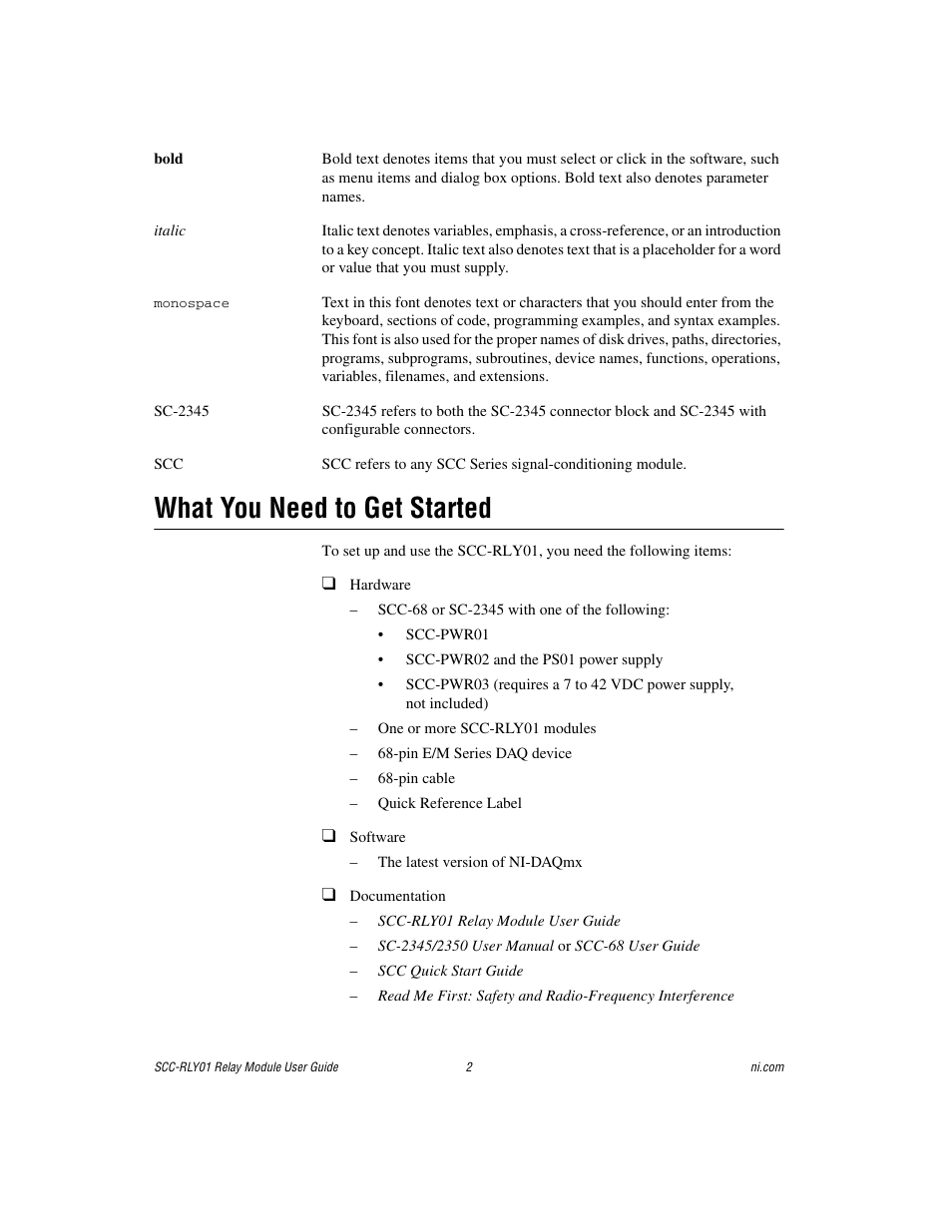 What you need to get started | National Instruments Relay Module SCC-RLY01 User Manual | Page 2 / 9