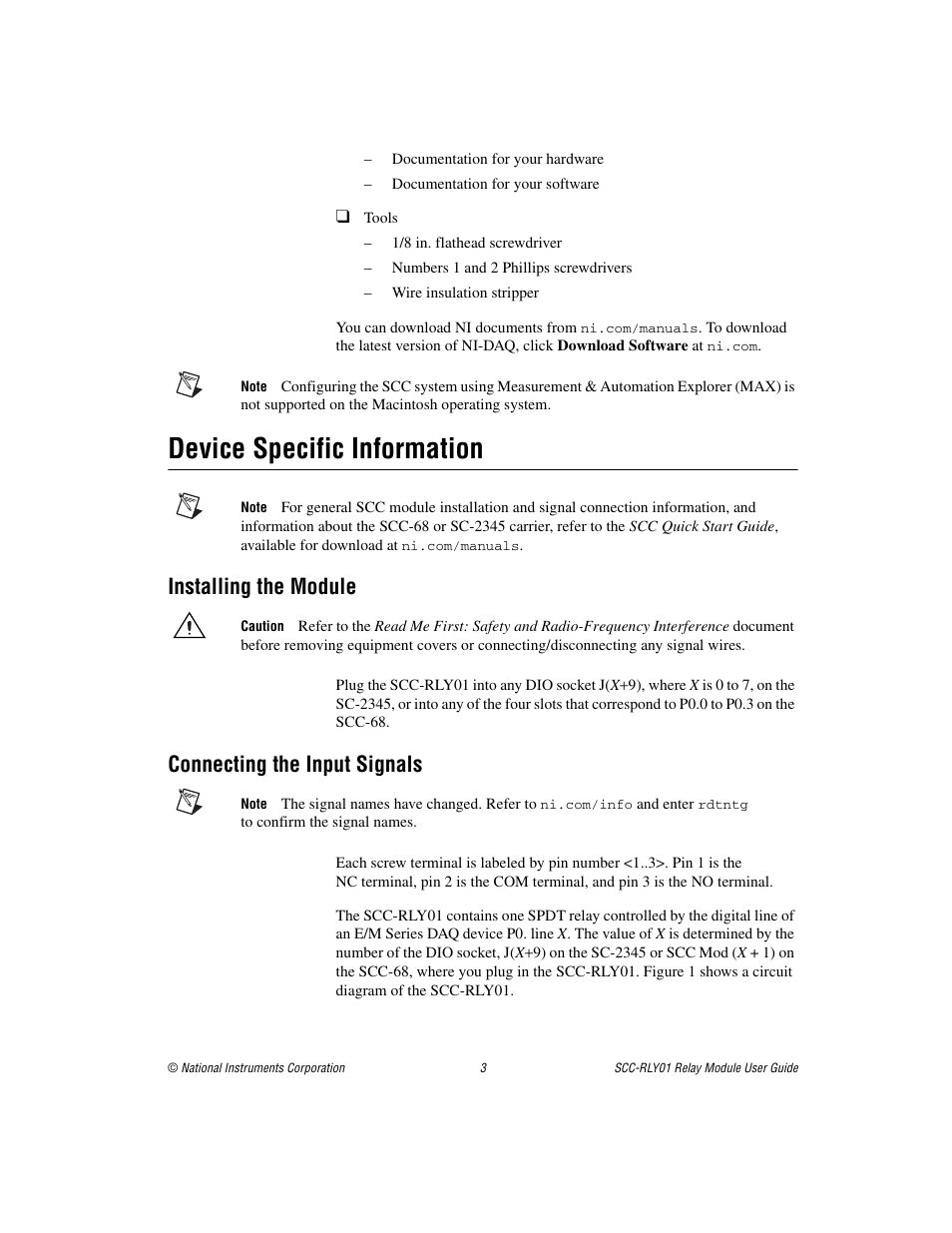 Device specific information, Installing the module, Connecting the input signals | National Instruments Relay Module SCC-RLY01 User Manual | Page 3 / 9