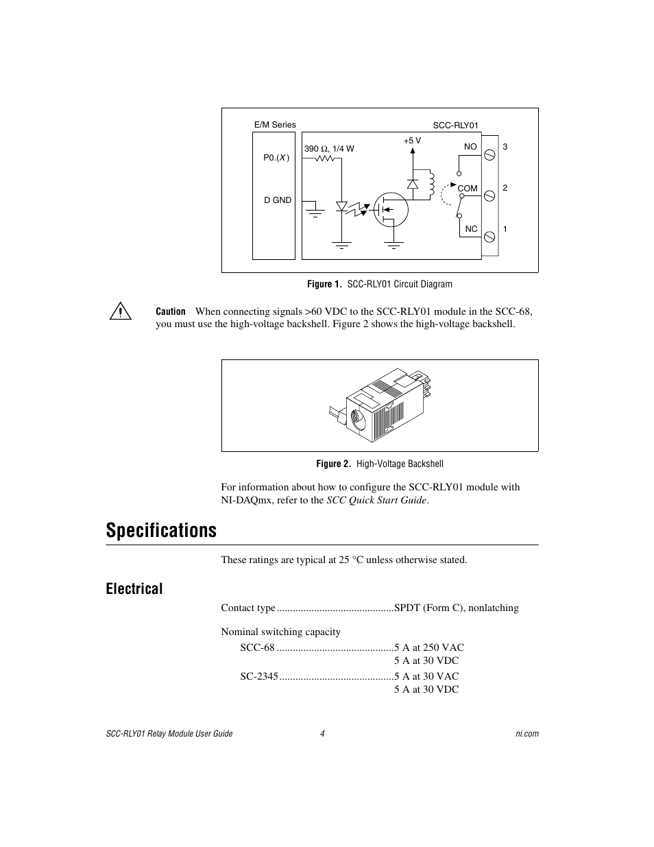 Figure 1. scc-rly01 circuit diagram, Figure 2. high-voltage backshell, Specifications | Electrical | National Instruments Relay Module SCC-RLY01 User Manual | Page 4 / 9