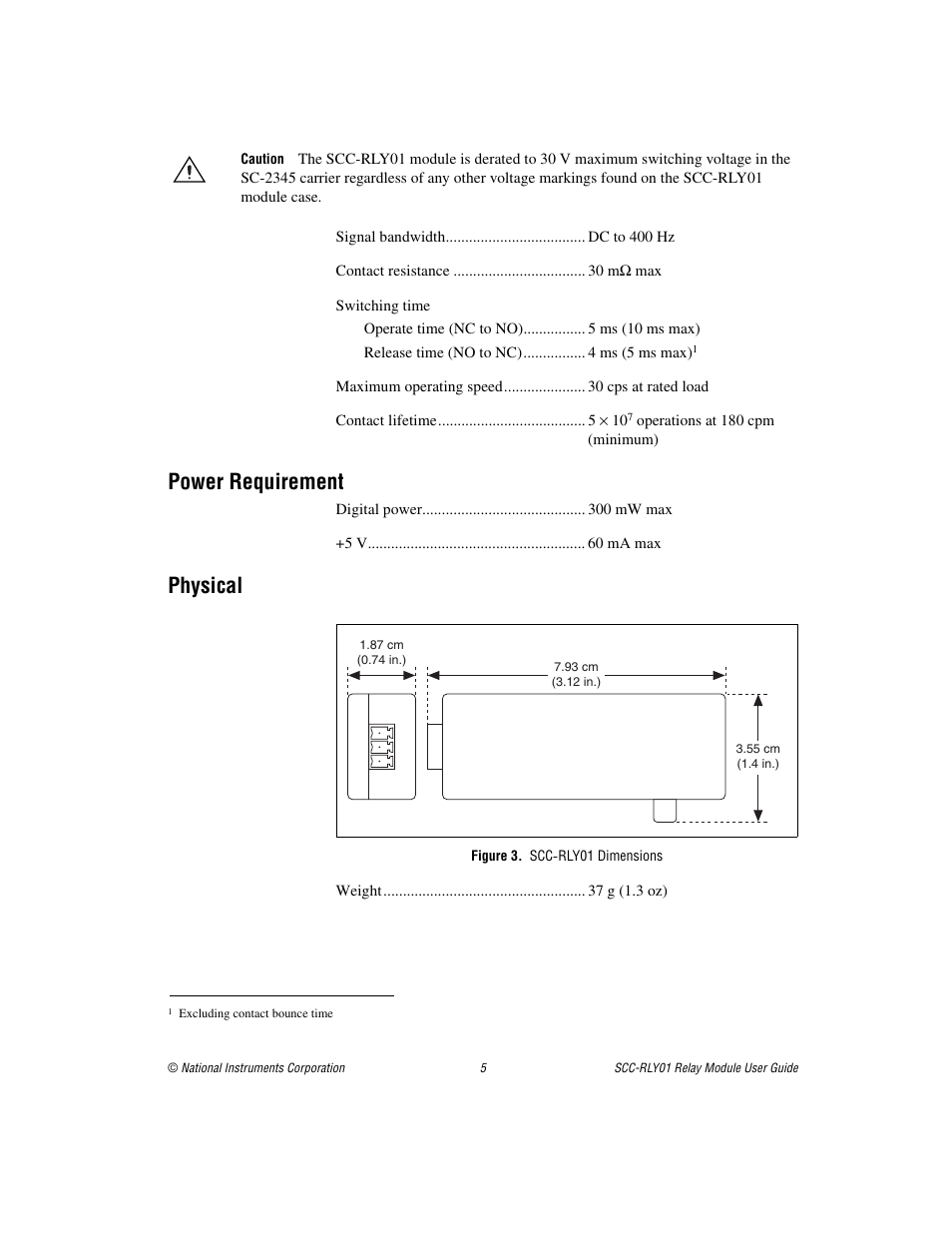 Power requirement, Physical, Figure 3. scc-rly01 dimensions | National Instruments Relay Module SCC-RLY01 User Manual | Page 5 / 9