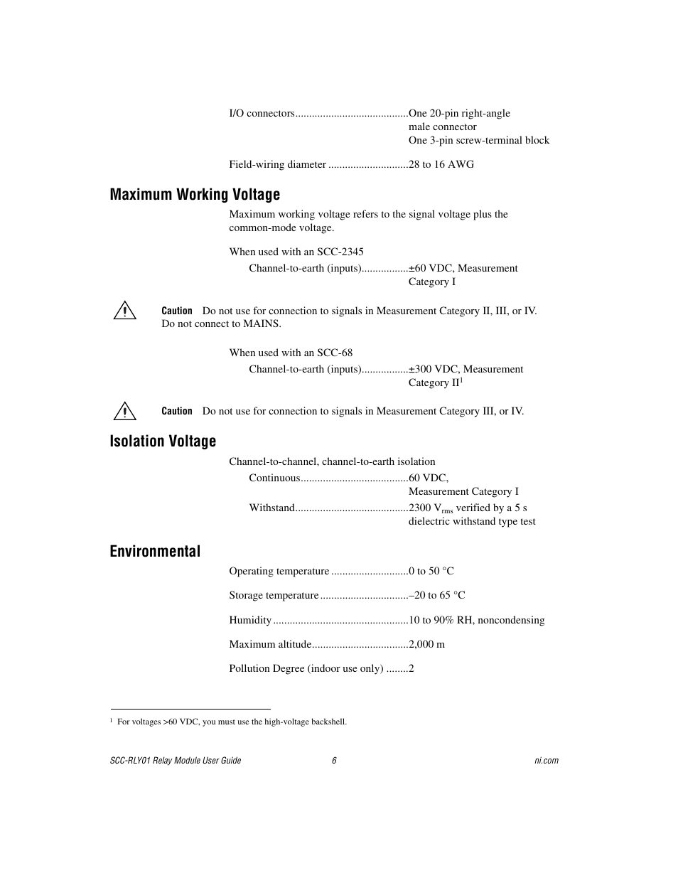 Maximum working voltage, Isolation voltage, Environmental | National Instruments Relay Module SCC-RLY01 User Manual | Page 6 / 9