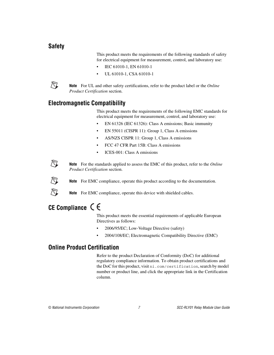 Safety, Electromagnetic compatibility, Ce compliance | Online product certification | National Instruments Relay Module SCC-RLY01 User Manual | Page 7 / 9
