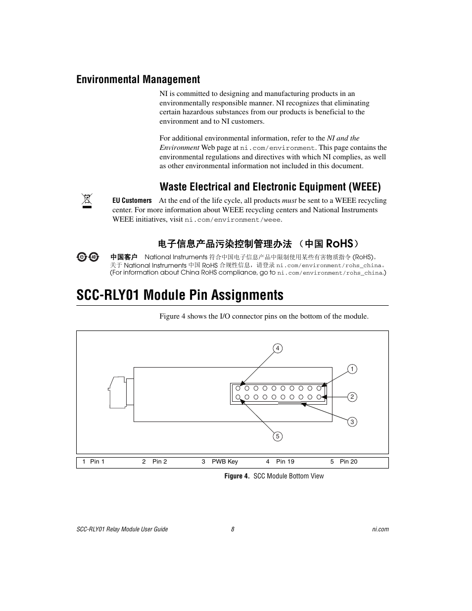 Environmental management, Scc-rly01 module pin assignments, Figure 4. scc module bottom view | Rohs, Waste electrical and electronic equipment (weee), ᄤֵᙃѻક∵ᶧ᥻ࠊㅵ⧚ࡲ⊩ ˄ё | National Instruments Relay Module SCC-RLY01 User Manual | Page 8 / 9