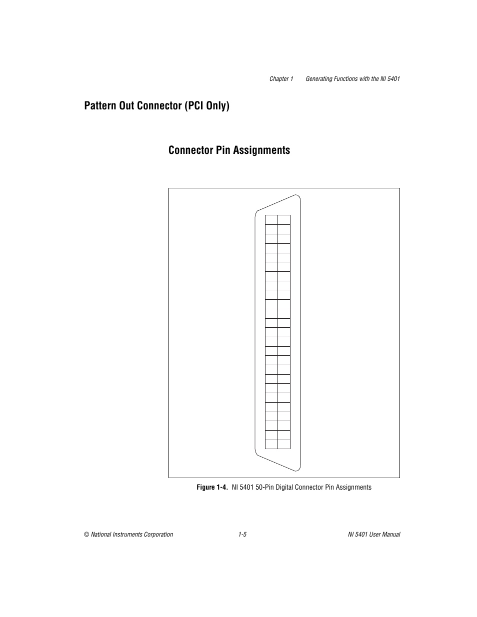 Pattern out connector (pci only), Connector pin assignments, Pattern out connector (pci only) -5 | Connector pin assignments -5, Figure 1-4 | National Instruments PXI NI 5401 User Manual | Page 12 / 60