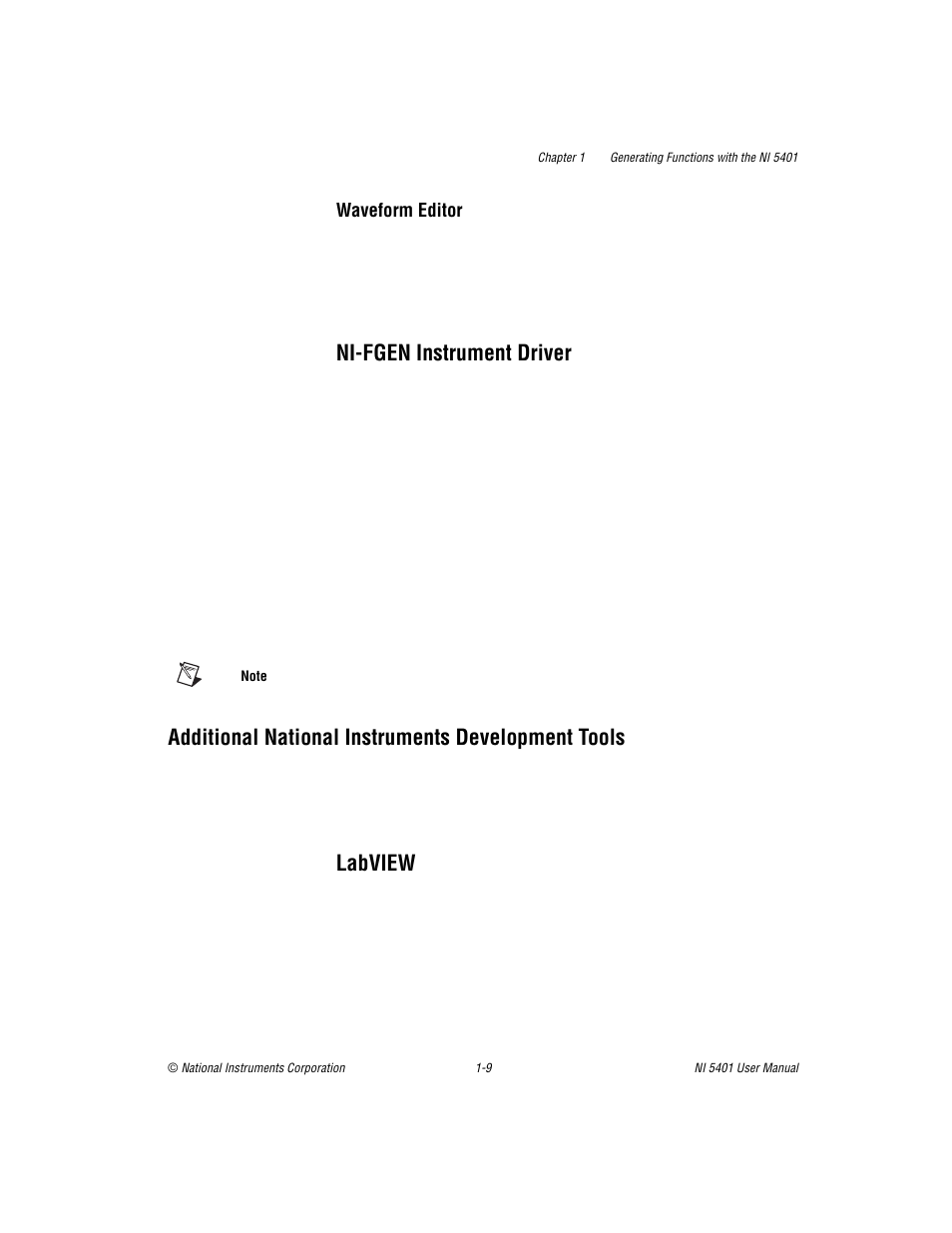 Ni-fgen instrument driver, Additional national instruments development tools, Labview | Ni-fgen instrument driver -9, Labview -9 | National Instruments PXI NI 5401 User Manual | Page 16 / 60