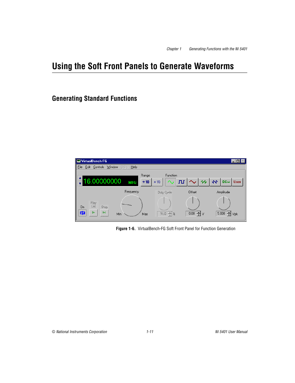 Using the soft front panels to generate waveforms, Generating standard functions, Generating standard functions -11 | Figure 1-6 | National Instruments PXI NI 5401 User Manual | Page 18 / 60
