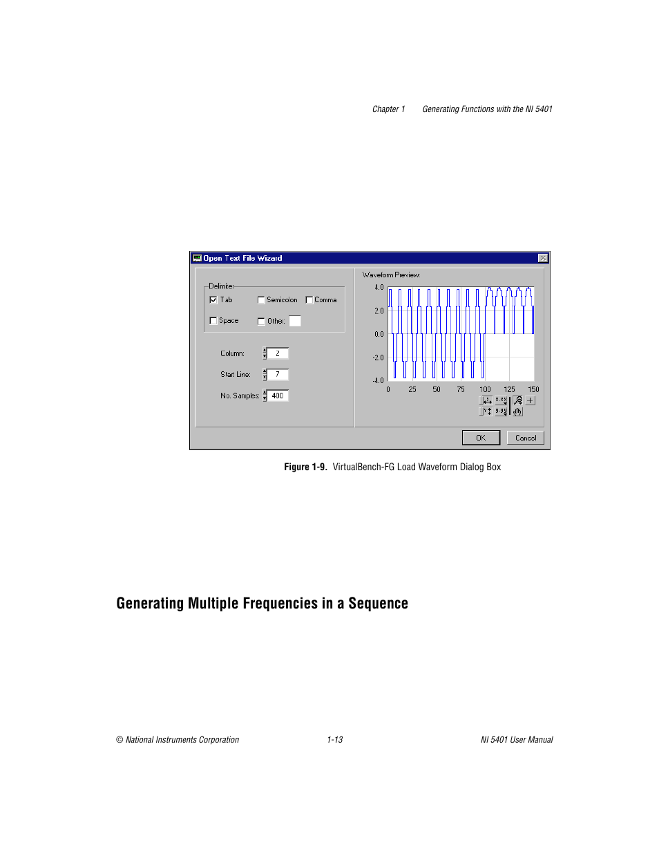 Generating multiple frequencies in a sequence, Generating multiple frequencies in a sequence -13, Figure 1-9 | Virtualbench-fg load waveform dialog box -13 | National Instruments PXI NI 5401 User Manual | Page 20 / 60