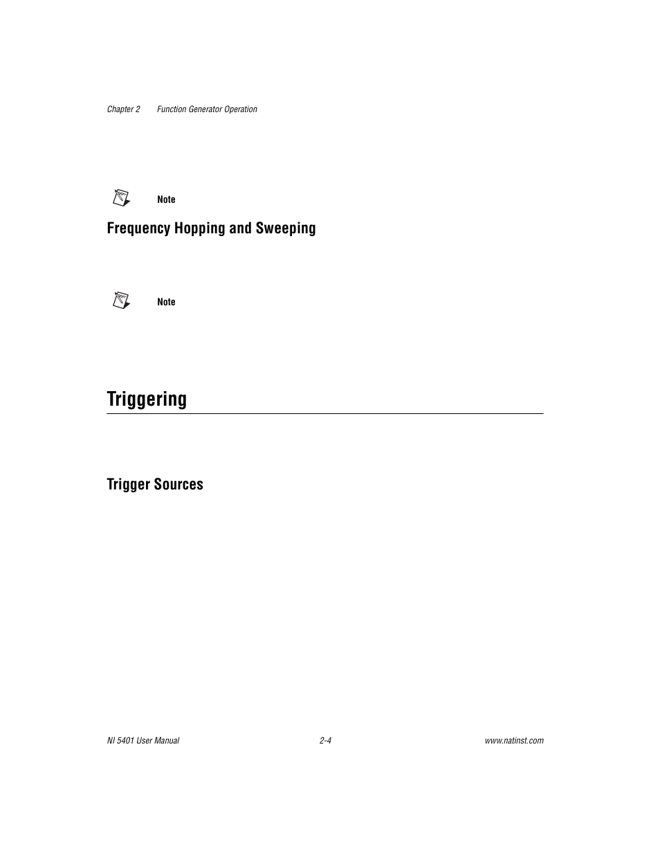 Frequency hopping and sweeping, Triggering, Trigger sources | Frequency hopping and sweeping -4, Triggering -4, Trigger sources -4 | National Instruments PXI NI 5401 User Manual | Page 27 / 60