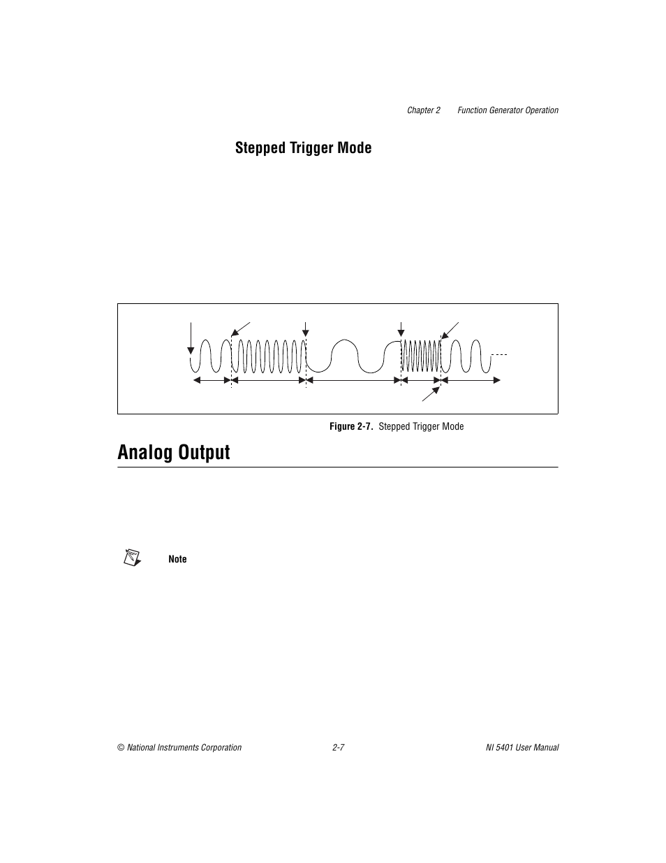Stepped trigger mode, Analog output, Figure 2-7. stepped trigger mode | Stepped trigger mode -7, Analog output -7, Figure 2-7 | National Instruments PXI NI 5401 User Manual | Page 30 / 60