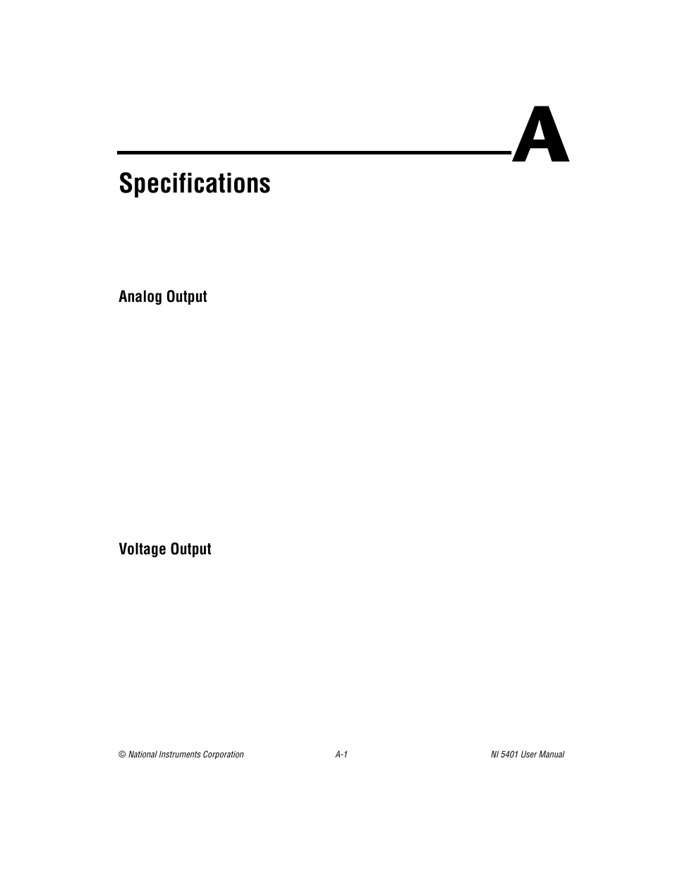 Appendix a specifications, Analog output, Voltage output | Specifications | National Instruments PXI NI 5401 User Manual | Page 39 / 60