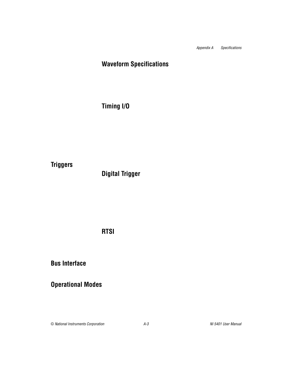 Triggers, Bus interface, Operational modes | Waveform specifications, Timing i/o, Triggers digital trigger, Rtsi | National Instruments PXI NI 5401 User Manual | Page 41 / 60