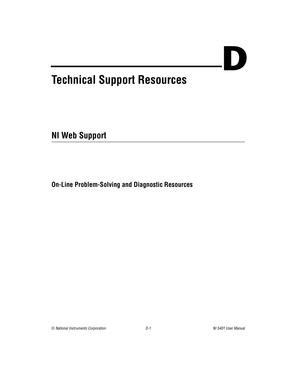 Appendix d technical support resources, Ni web support, On-line problem-solving and diagnostic resources | Technical support resources | National Instruments PXI NI 5401 User Manual | Page 46 / 60