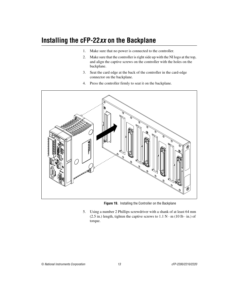 Installing the cfp-22xx on the backplane, Installing the cfp-22 xx on the backplane | National Instruments Fieldpoint CFP-2220 User Manual | Page 13 / 38
