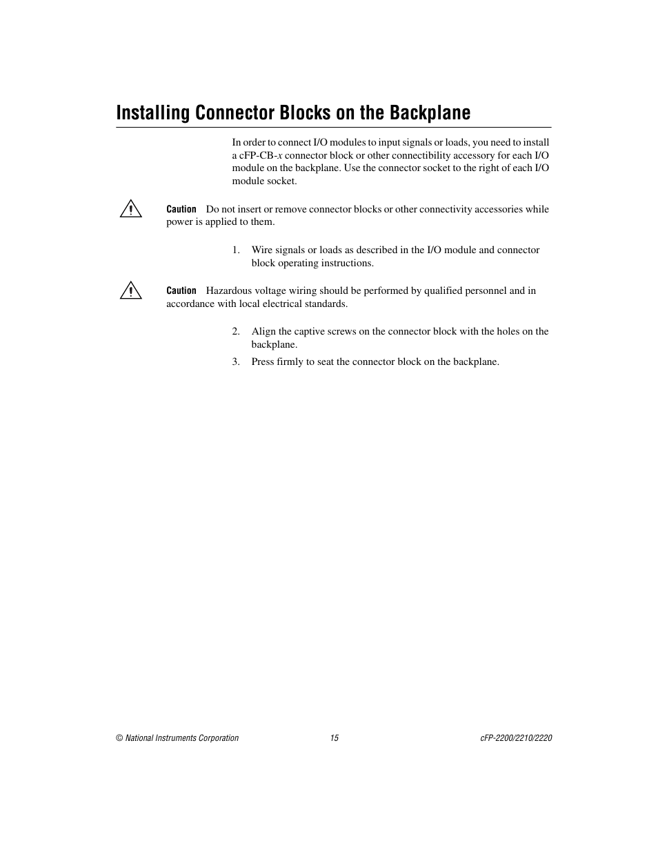 Installing connector blocks on the backplane | National Instruments Fieldpoint CFP-2220 User Manual | Page 15 / 38