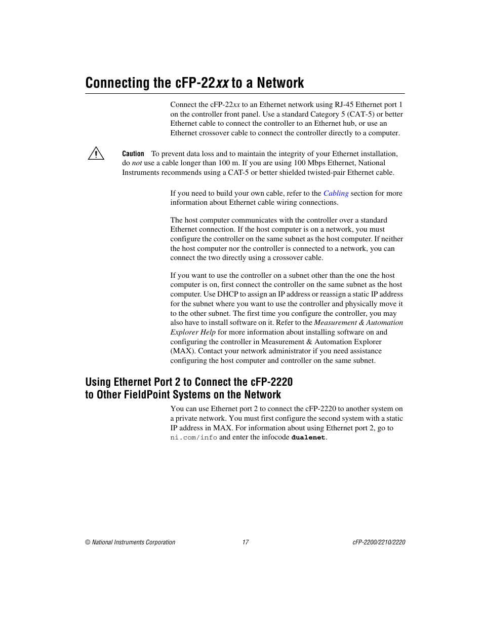 Connecting the cfp-22xx to a network, Connecting the cfp-22 xx to a network | National Instruments Fieldpoint CFP-2220 User Manual | Page 17 / 38