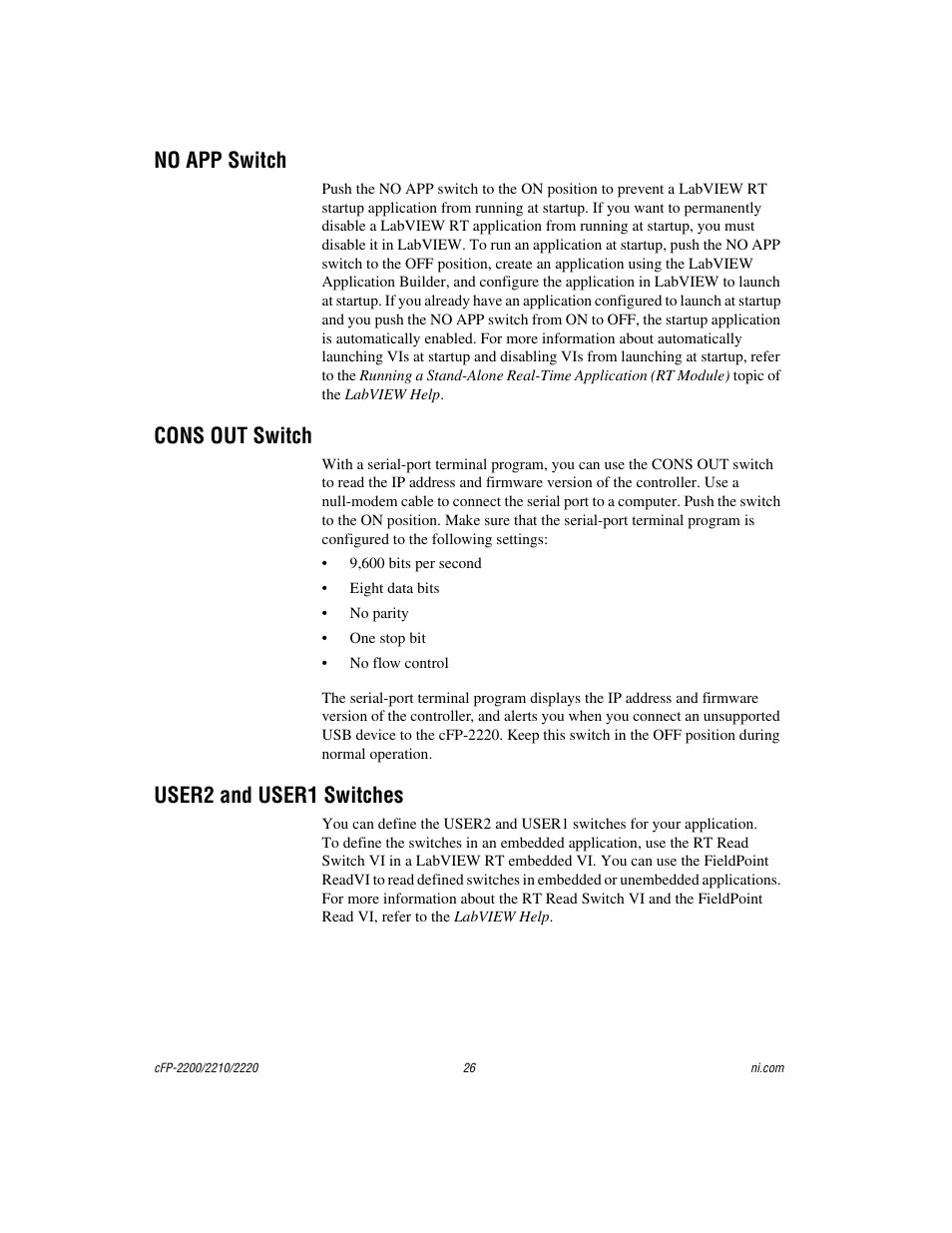 No app switch, Cons out switch, User2 and user1 switches | National Instruments Fieldpoint CFP-2220 User Manual | Page 26 / 38