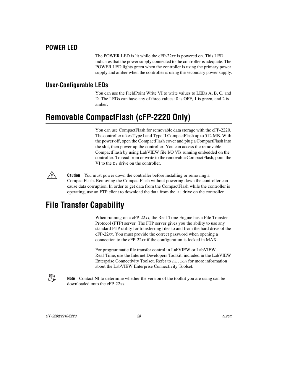 Power led, User-configurable leds, Removable compactflash (cfp-2220 only) | File transfer capability | National Instruments Fieldpoint CFP-2220 User Manual | Page 28 / 38