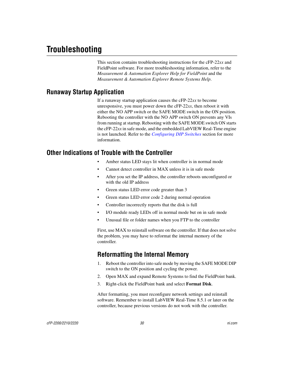 Troubleshooting, Runaway startup application, Other indications of trouble with the controller | Reformatting the internal memory | National Instruments Fieldpoint CFP-2220 User Manual | Page 30 / 38