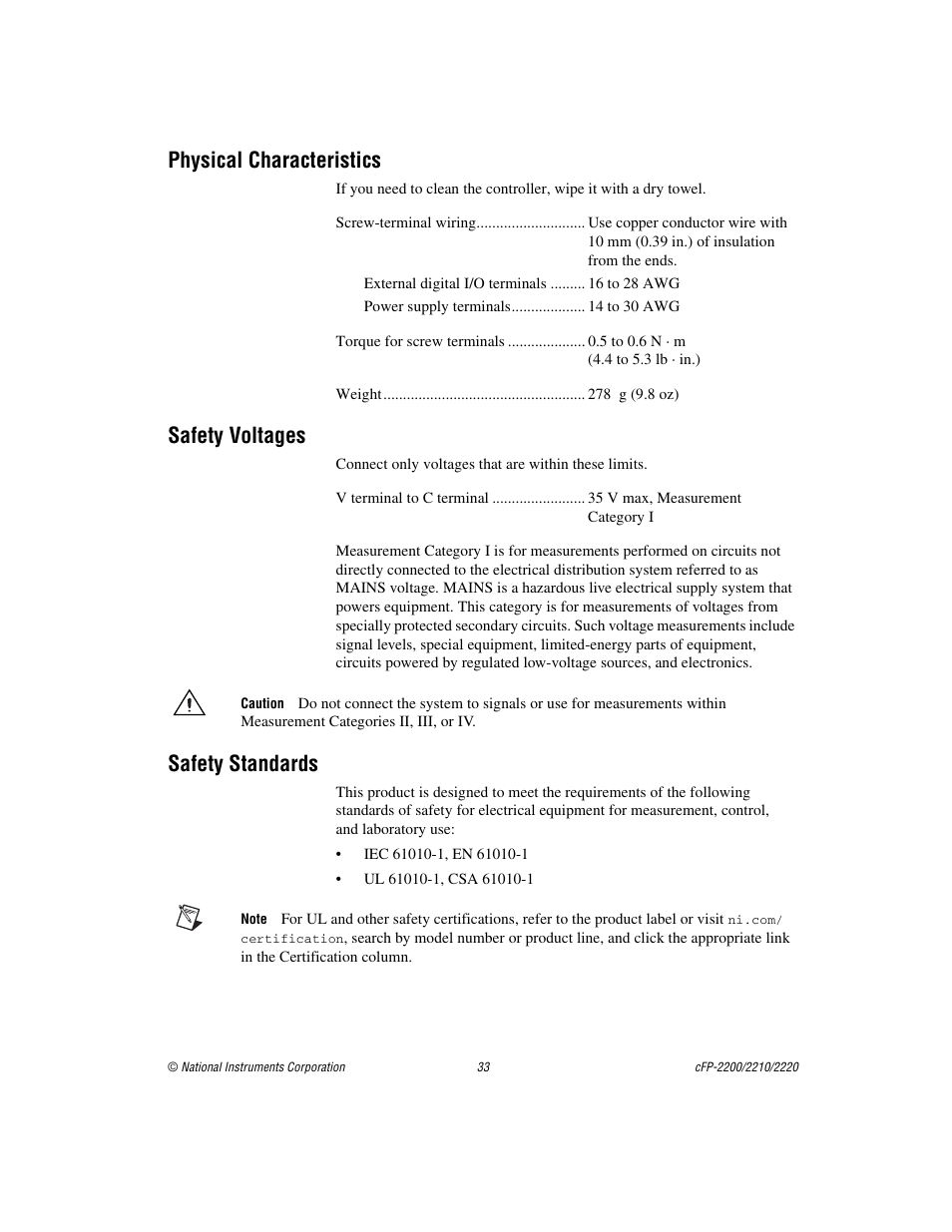 Physical characteristics, Safety voltages, Safety standards | National Instruments Fieldpoint CFP-2220 User Manual | Page 33 / 38