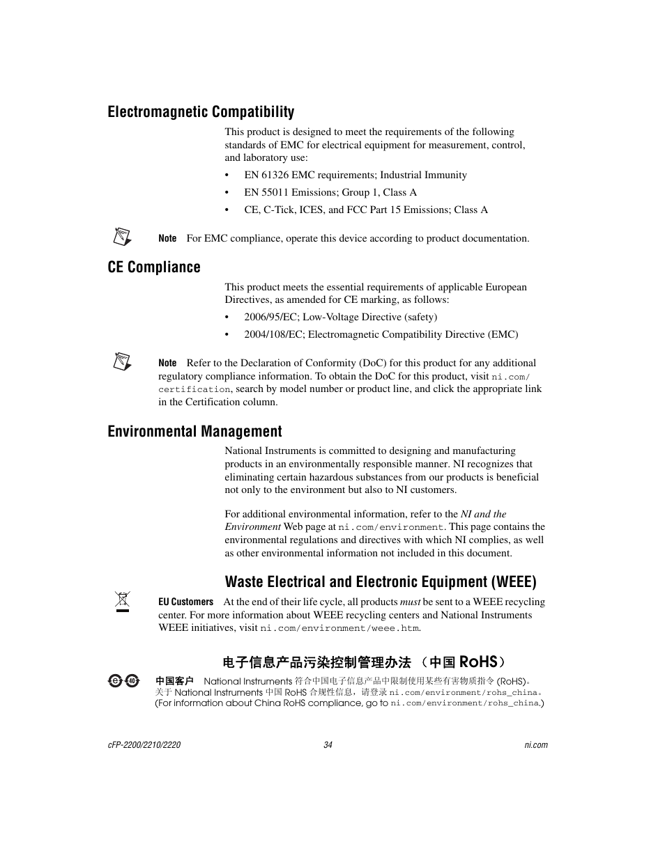 Electromagnetic compatibility, Ce compliance, Environmental management | Rohs, Waste electrical and electronic equipment (weee), ᄤֵᙃѻક∵ᶧ᥻ࠊㅵ⧚ࡲ⊩ ˄ё | National Instruments Fieldpoint CFP-2220 User Manual | Page 34 / 38