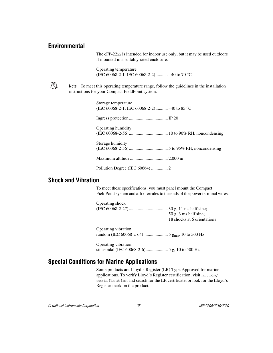 Environmental, Shock and vibration, Special conditions for marine applications | National Instruments Fieldpoint CFP-2220 User Manual | Page 35 / 38