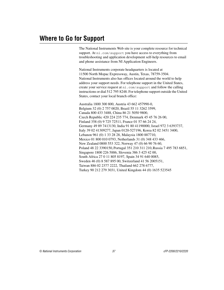 Where to go for support | National Instruments Fieldpoint CFP-2220 User Manual | Page 37 / 38